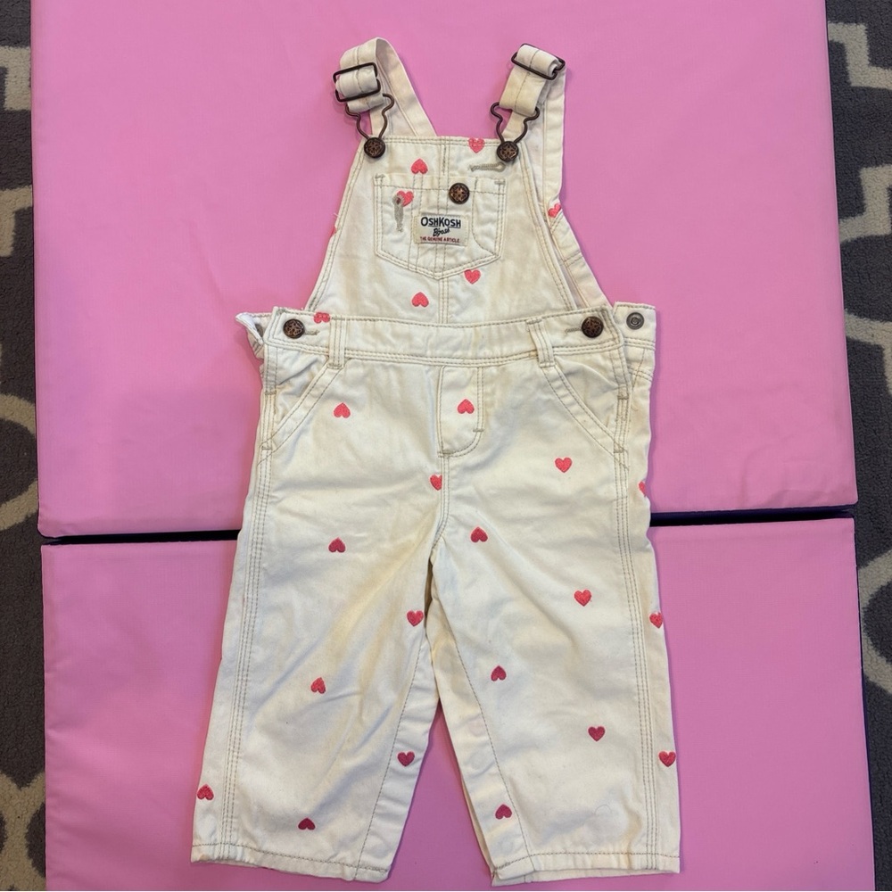 OshKosh B'gosh Baby Girls White Heart Print Denim Overalls Size 3M